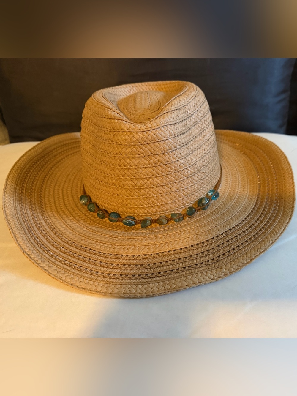 NWT Boho/Western Straw Wide-Brim Sun Hat w/Beaded Band   OSFM